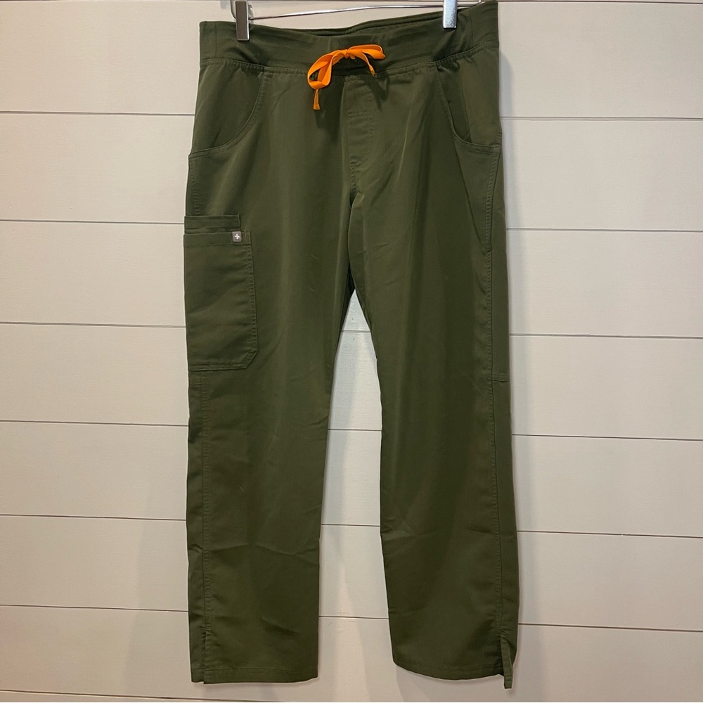 Figs Olive Green Scrub Top and Pants Set with Orange Drawstring - Picture 6 of 8